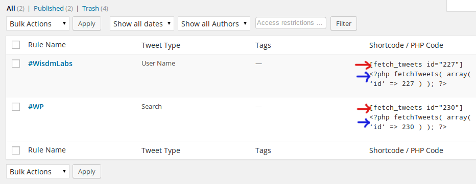 4 Shortcode/PHP code for tweets