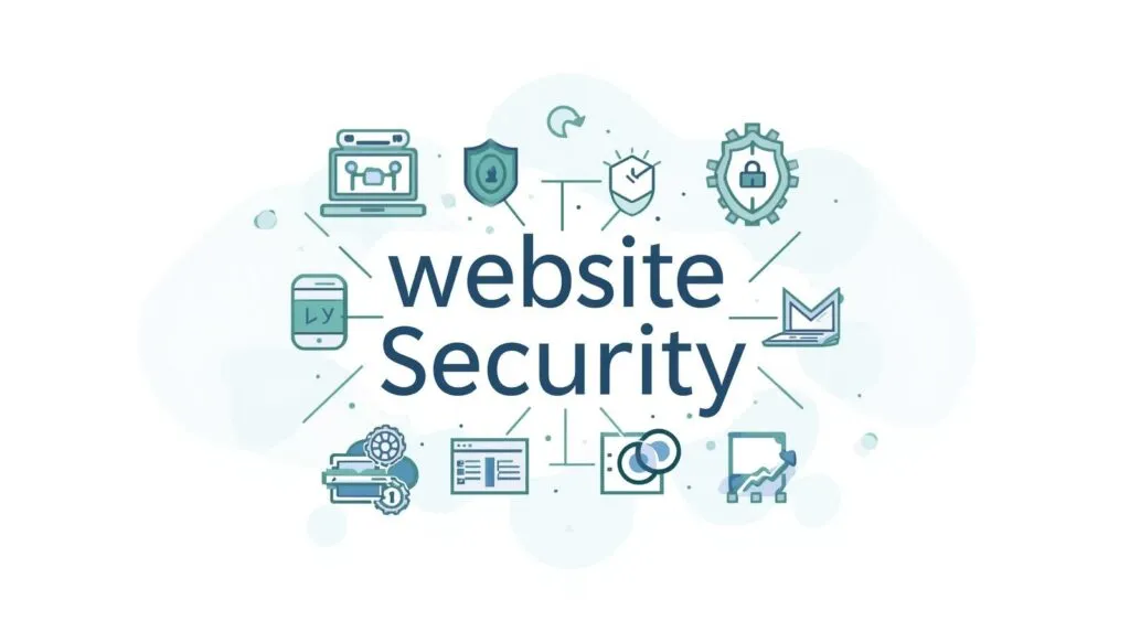 create an illustration that shows risks and prevention for website. Dont make it cluttered. Just write website security dont use any other text create an illustration that shows risks and prevention for website. Dont make it cluttered. Just write website security dont use any other text