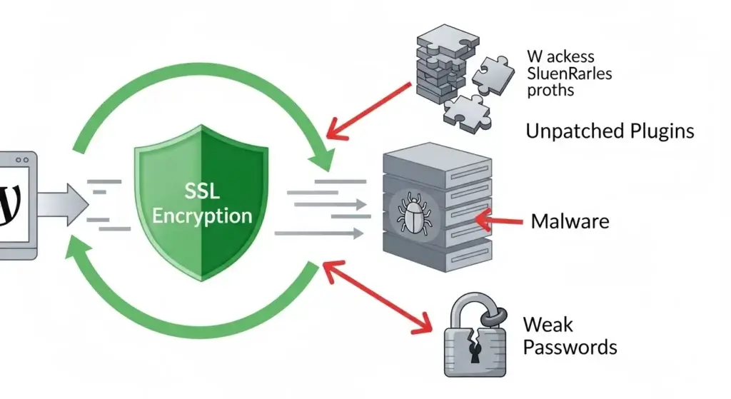 SSL Encryption Data Flow Diagram - Data flowing between user computer and WordPress server with green SSL shield, but red arrows pointing to server-side vulnerabilities like unpatched plugins and malware that SSL cannot protect against