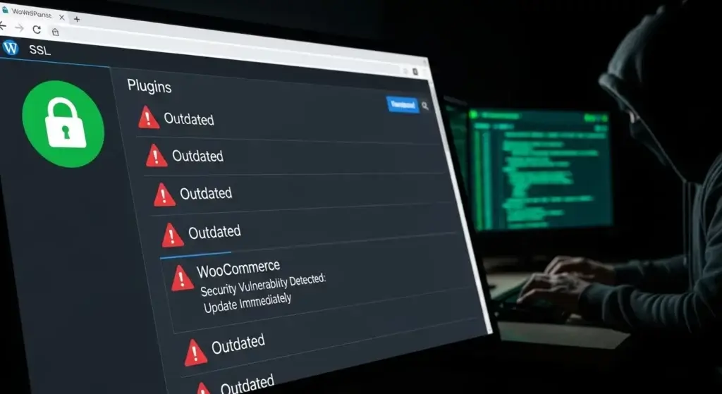 WordPress Dashboard with Outdated Plugins - WordPress admin dashboard showing outdated plugins with red warning badges and hacker exploiting vulnerabilities, contrasting with green SSL padlock