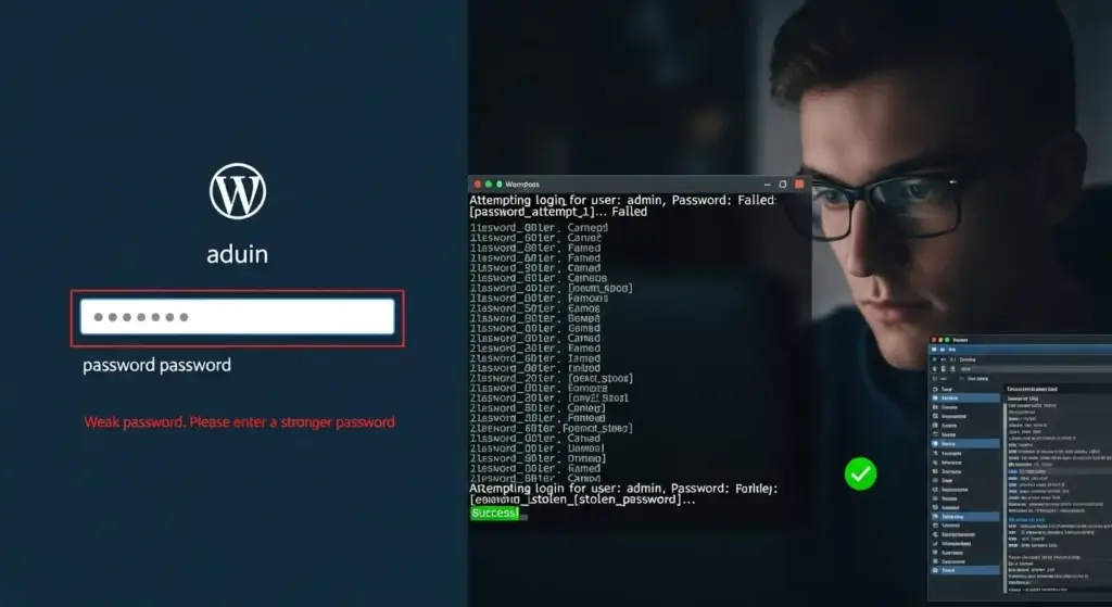 WordPress Login Security - Split screen showing WordPress login page with weak password on left and hacker successfully logging in with stolen credentials on right, with brute force attack simulation
