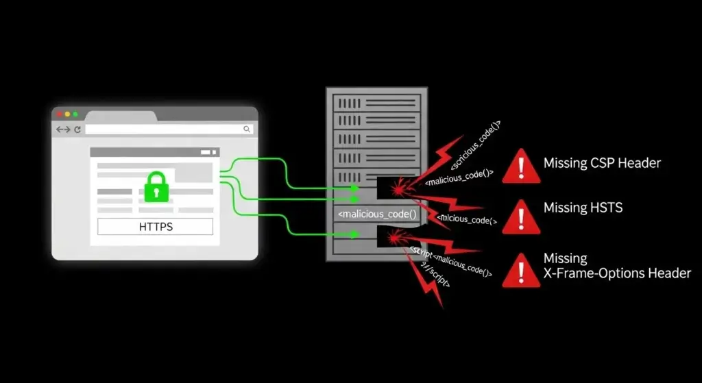 Missing Security Headers Diagram - Technical diagram showing website with missing security headers like CSP, HSTS, and X-Frame-Options with red warning symbols, while malicious scripts are being injected through gaps despite SSL encryption