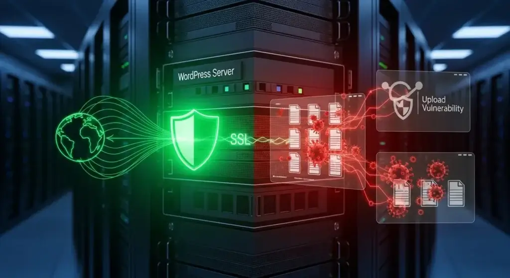 WordPress Server Malware Infection - Server room visualization showing WordPress server with SSL encryption active (green shield) but malware (red virus symbols) infecting files through upload vulnerabilities, contrasting encrypted data transmission with server-side infections