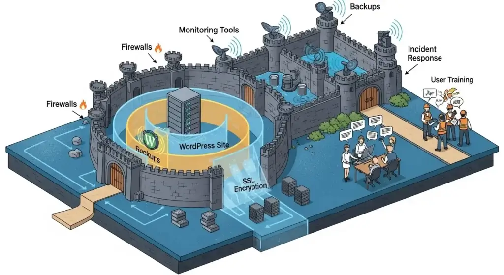 WordPress Multi-Layered Security Architecture - Comprehensive security architecture diagram showing multiple layers of protection around WordPress site including SSL encryption, firewalls, monitoring tools, backups, user training, and incident response, visualized as a fortress with defensive walls and watchtowers