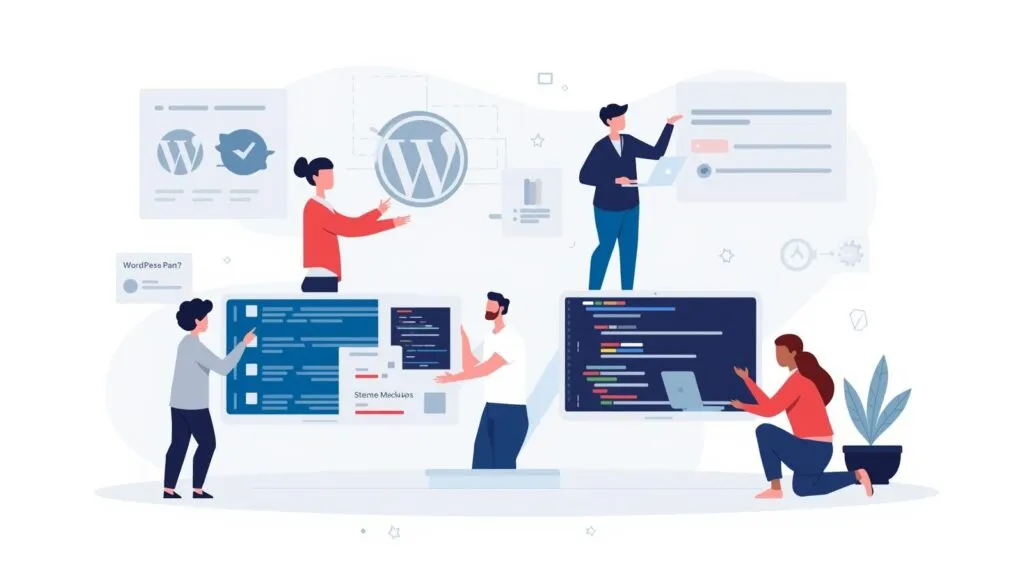 create an illustration that shows wordpress site development process. Image should be clear and neat. Show 2 3 people working together to build a website create an illustration that shows wordpress site development process. Image should be clear and neat. Show 2 3 people working together to build a website