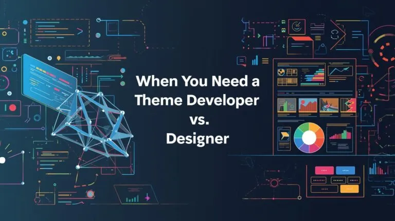 Create an illustration include the title When You Need a Theme Developer vs a Designer . Show a comparison between the two add the main title in the middle