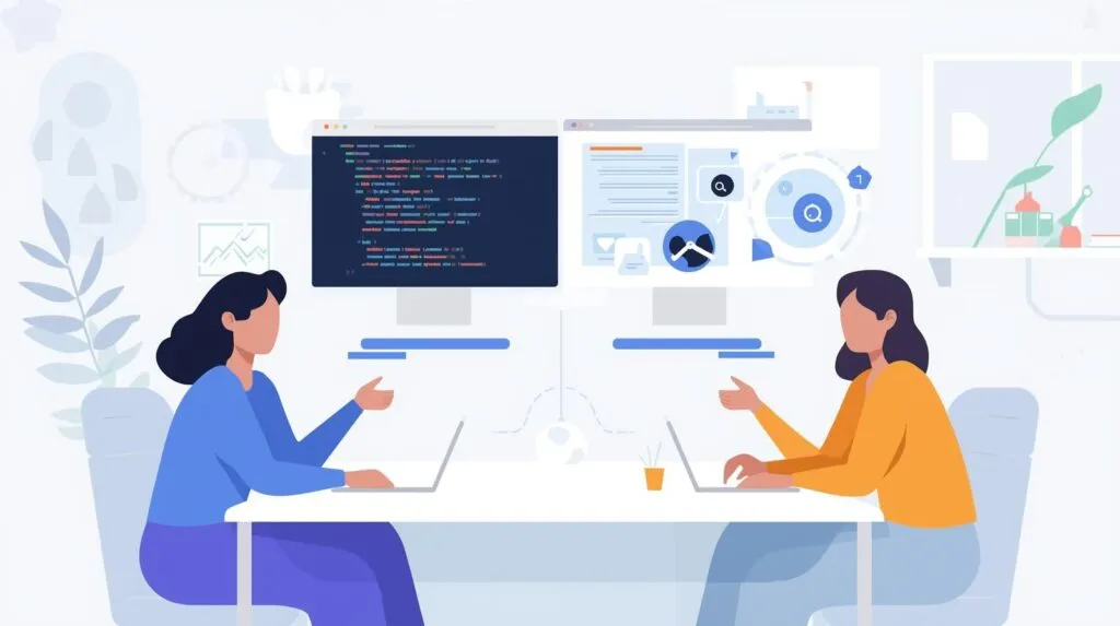 create an illustration that shows wordpress site development process. Image should be clear and neat. Show 2 3 people working together to build a website 2