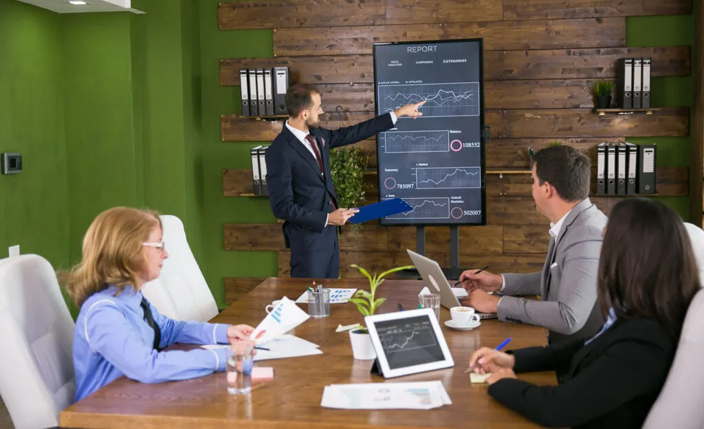 businessman suit having presentation with charts tv screen conference rom team meeting businessman suit having presentation with charts tv screen conference rom team meeting